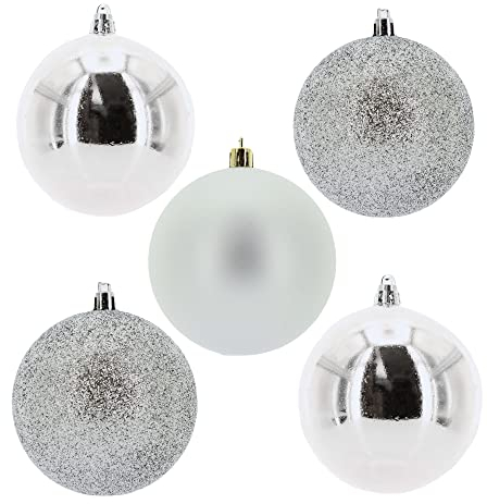 5 Stück Christbaumschmuck Weihnachtsschmuck Weihnachtskugeln aus Kunststoff bruchsicher Outdoor-geeignet, Glitter, matt & glänzend Sortiert, Ø 80 mm (Silber)