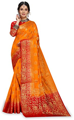 C J Enterprise Damen Sarees aus reiner Kanchipuram-Seide mit Bluse (Marry Gold), Gelb, Rot, Einheitsgröße