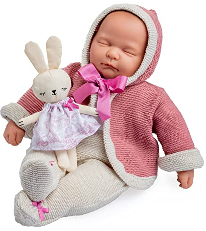 JC Toys - Vintage Puppe La Baby Original Kollektion 43 cm, Körper aus weichem Stoff, Strickkleidung, Schnuller und Plüsch, Augen geschlossen, Beige und Rosa, Mädchen, entworfen in Spanien von