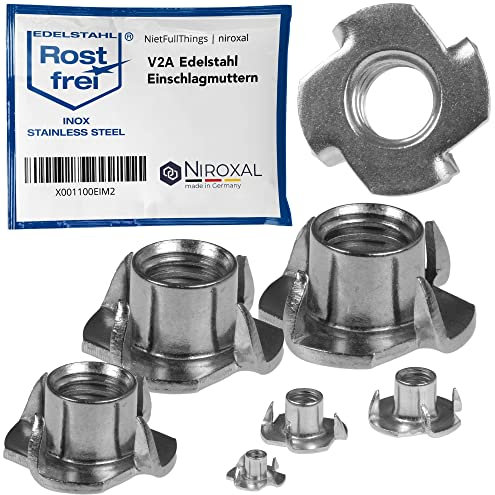 Drive-In Nuts M6 Stainless Steel Pack of 4 V2A Drive-In Nuts with 4 Impact Tips Metric Thread Insert Nuts for Wood Plastic