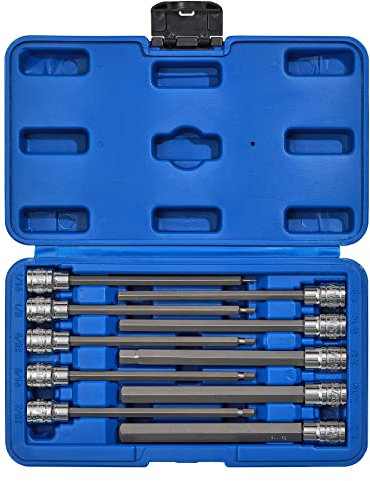 EMENTOL Juego de 10 llaves hexagonales largas de 3/8 pulgadas, CR-V, acero S2, SAE, juego de llaves hexagonales Allen extralargas, 1/16 pulgadas - 1/2 pulgadas