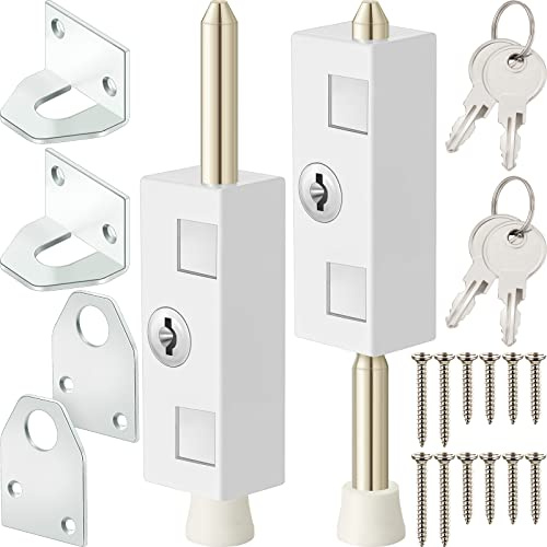 Dunzy 2 Pieces Sliding Door Lock Rectangle Patio Door Lock Keyed for Glass Hinged Security Bar Steel Bolt Zinc Alloy Iron Portable to Prevent Sliding