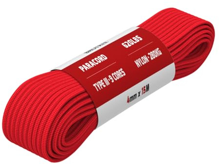 Brotree Paracord 4mm 15M 100% Nylonrep 9 Trådar Sladd Typ III Nylonsnöre för Utomhus, Camping, Hundkoppel, DIY, Armband - 280kg Brottlast (Röd)