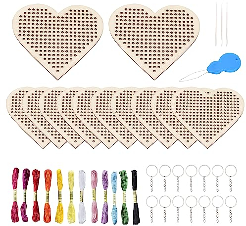 CYUaoao Set di 12Pz Kit Portachiavi a Punto Croce in Legno Con Cuori Fai-da-te - Telaio, Fili, Aghi per Artigianato Artistico