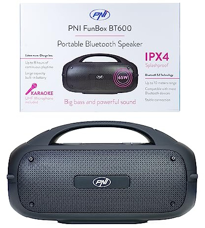 PNI FunBox BT600 Tragbarer Lautsprecher, mit Bluetooth, 65W, MP3-Player, Kartenleser, USB, kabelloses Mikrofon, 4400mAh Akku, IPX4