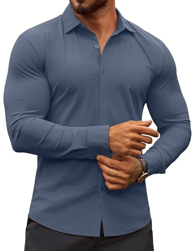 COOFANDY Men's Business Casual Dress Shirt Wrinkle Free Long Sleeve Button Up Shirt Denim Blue