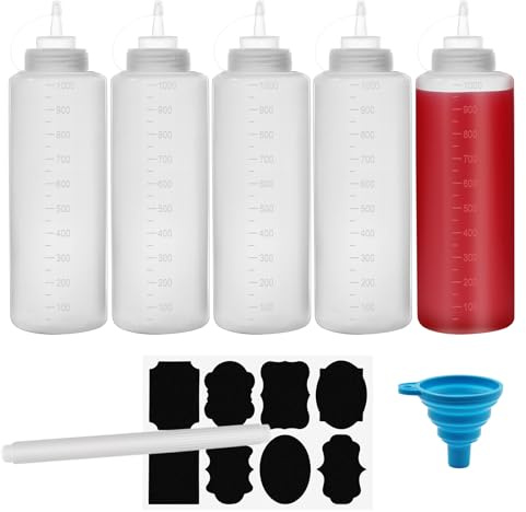 Chetexus 32oz Condiment Squeeze Bottle, 5 Pack 1000ml Squeezy Sauce Bottles, Plastic Squeeze Dispensers with Measurements for Ketchup, BBQ, Sauces, Syrup, Dressings