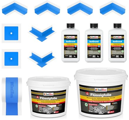 Isolbau Dicht-Set - Inkl. 1x Flüssigfolie (16 kg), 3x Isogrund (je 1 L), 1x Dichtband (20 m), 4x Innenecken, 2x Außenecken & 2x Manschetten
