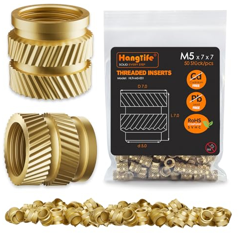 HANGLIFE Gewindeeinsatz, M5 Einpressmuttern für 3D Druck Zubehör - Messing Metrische Einschmelzgewinde Gewindehülse - Threaded Inserts für 3D-Druckkomponenten und Kunststoffteile(50 Stück)