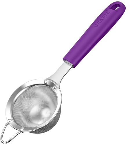 U-Taste Tamiz de malla fina pequeño, colador cocina, acero 18/8, Morado | 8,5cm con mango de silicona resistente remachado, ideal para tamizar harina, colar té, arroz, quinua