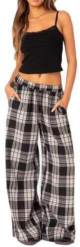 Yassiglia Women's Plaid Pyjama Bottoms Plaid Print Elastic Waist Loose Wide Leg Pants Lounge Pants Pj Bottoms Women Casual Trousers (Black, M)