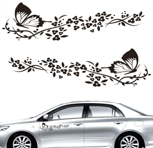 NIYATA 2 Pcs Autocollants Voiture, Stickers Avec Motif Papillons et Fleurs,Autocollants Tuning pour Capot de Voiture,Moto,Planches à Roulettes,Valises,Murs(Noir)