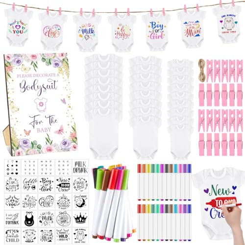 Panitay 126 Pcs Baby Shower DIY Bodysuit Set Bib 25 Blank White Newborn Bodysuit 25 Stencils 24 Marker 1 Sign 50 Pins(Butterfly)