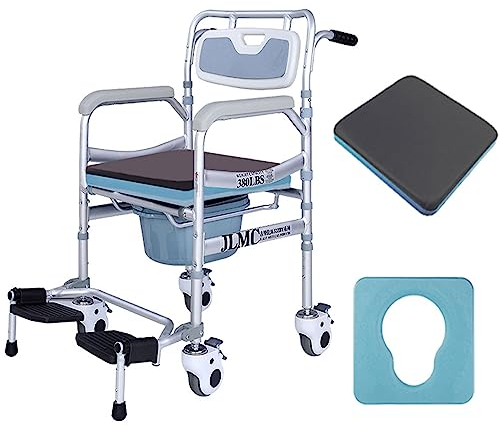 Duschstuhl mit rollen und lehne Höhenverstellbarer Duschstuhl Patiententransferhilfe Pflegerollstuhl mit Rad Sitzkissen und Laufrolle, Geeignet for Ältere Senioren,