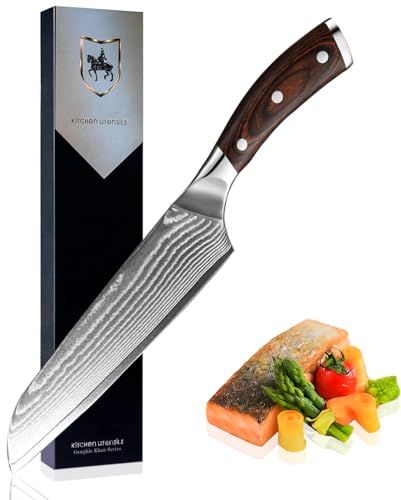 Loeosn Cuchillo de Chef Damasco Utensilios de cocina profesionales Hoja forjada en acero de alto carbono Mango de madera antideslizante Para cortar verduras, carne y fruta (Cuchilla de 17 cm)