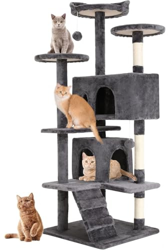 FDW Arbre à Chat Hauteur 178 cm Tour de Jeux pour Chat avec 2 Niches 3 Plateformes 2 Boules en Sisal Arbre à Grimper Multi-Niveaux Idéal pour 3-4 Chats Gris Clair