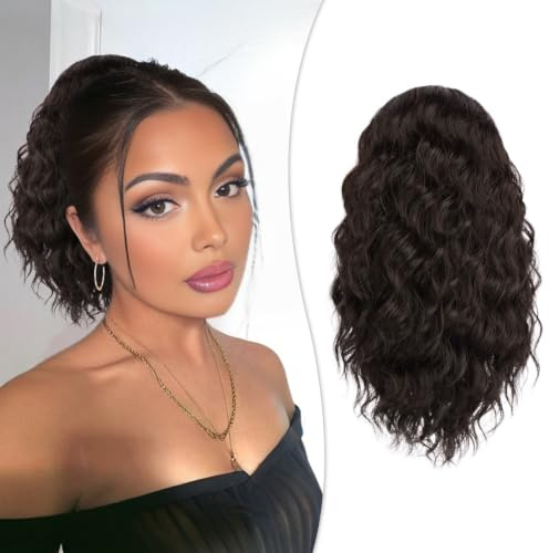 RUWISS Haarteil Dunkelbraun Lockig Pferdeschwanz, 30cm Clip in Gewellt Ponytail Extension Lang Pferdeschwanz Zopf Extensions Synthetik Haarverlängerung für Frauen Damen