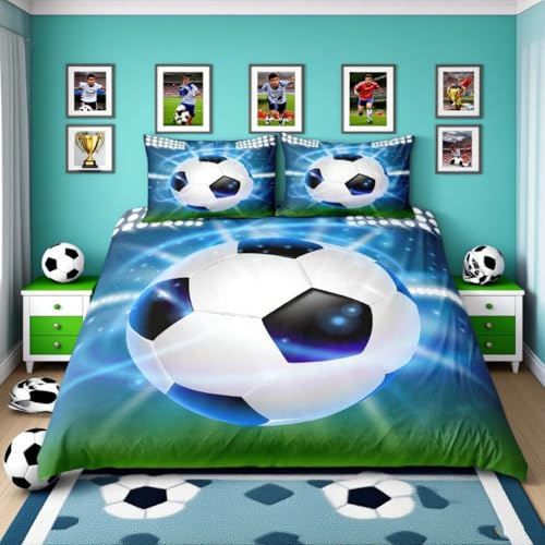 Homemissing Set di biancheria da letto per ragazzi a tema calcio, copripiumino per letto singolo, per bambini e ragazzi, motivo palla da calcio 3D, copriletto, decorazione per camera da letto, 2 pezzi