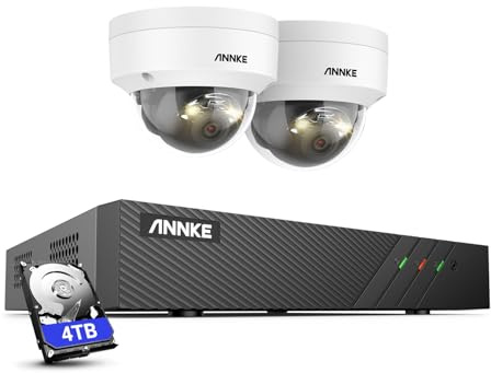 ANNKE Sistema fotografico PoE da 3 K/5 MP, NVR a 8 canali con HDD da 4 TB per registrazione 24/7 e 2 telecamere di sorveglianza 3 K con rilevamento persone/veicolo, spotlights, supporto impermeabile
