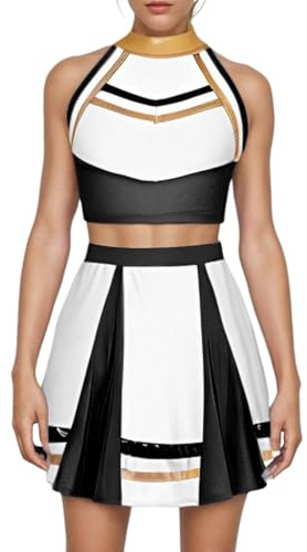 Odizli Cheerleader Kostüm Damen Metallic Neckholder Crop Top + Mini Rock Halloween Karneval Outfit