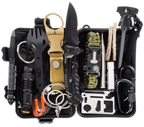 Survival Kit Ausrüstung 32in1 | Outdoor Notfall Überlebenspaket mit Klapp-Messer, Feuerstahl UVM. | Kompaktes Erste-Hilfe-Set für Wandern, Camping, Auto und Bergsteigen Männer