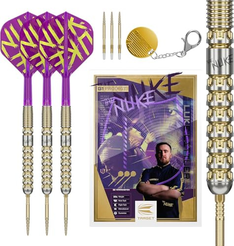Target Darts Luke Littler Gen 1 Prodigy Steel Tip Swiss Point Darts, 90% Tungsten Darts, 22G | Generation 1 Gold Steel Tip Dart, Player Edition Swiss Points Dart Sets, K-Flex Flights und Shafts