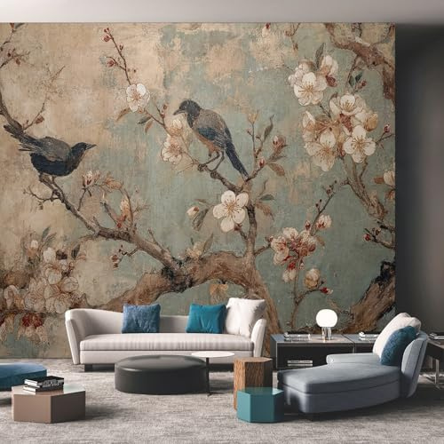NOGAWA Papier Peint Morris Style, Papier Peint Motif Oiseaux Fleurs, Panoramique Décoration Murale Pour Salon, Chambre, Tapisserie Murales Intissé, Wallpaper Mural 250x175cm