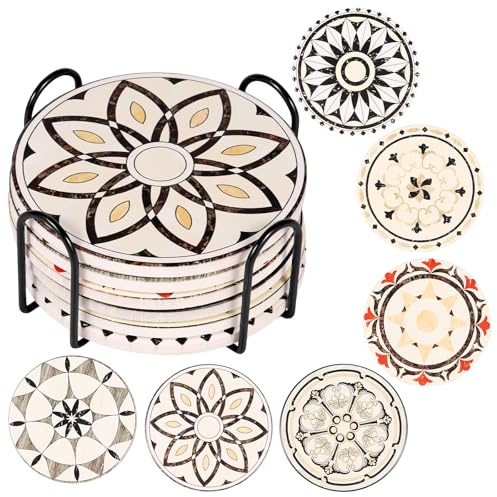 harupink Posavasos vasos, juego de 12 posavasos absorbentes de cerámica, 10 cm, posavasos de cristal antideslizante con 2 soportes para bares, cafeterías, casas, fiestas, oficinas