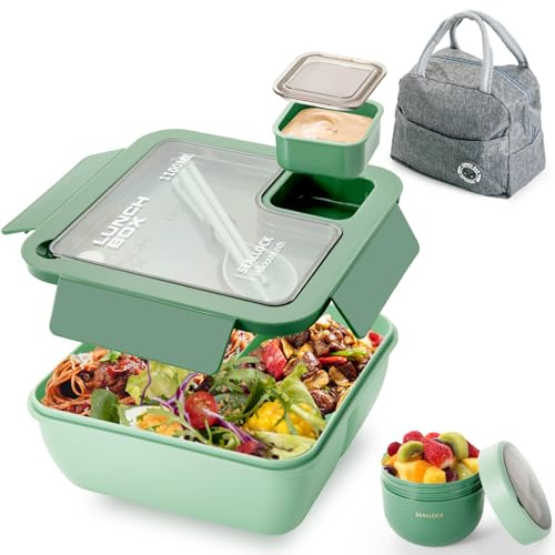 Dyserbuy Lunch Box Adults, Bento Box Set with Storage Bag, Utensils, Oats Container, Leakproof Lunchbox Adult with Fork & Spoon for Men Women Student School Office, Green