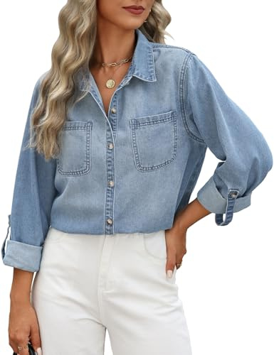 CMTOP Dam jeansskjorta button down jeansblus långärmad skjorta elegant v-ringad jeansjacka lediga toppar skjortblus långärmad lös tunika med bröstfickor
