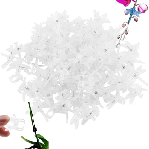 100 PCS Dragonfly Orchidee Clip, Pflanzen Unterstützung Clips Kunststoff Pflanzenstamm Clips Orchidee Stake Clips Klare Dragonfly Pflanzenhalter Clip Garten Blume Rebe Clips Mini S(Transparent weiß)
