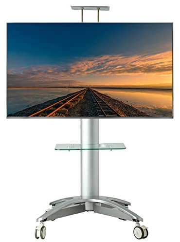 Heavy-Duty Mobile TV Stand on Wheels Fits 32-65 Flat & Curved Smart TVs VESA 200x200mm - 600x400mm Adjustable Height Silver Finish Stable & Portable