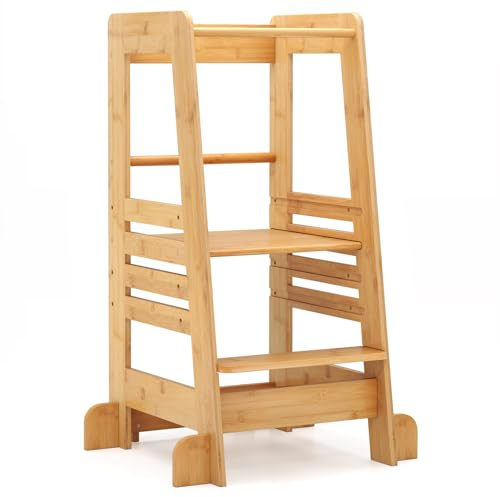 FANTASK Tritthocker Kinder aus Bambus, Lernturm höhenverstellbar mit Sicherheitsgeländer & rutschfestem Design, Montessori Trittleiter bis 70 kg belastbar für Küche & Bad, Natur