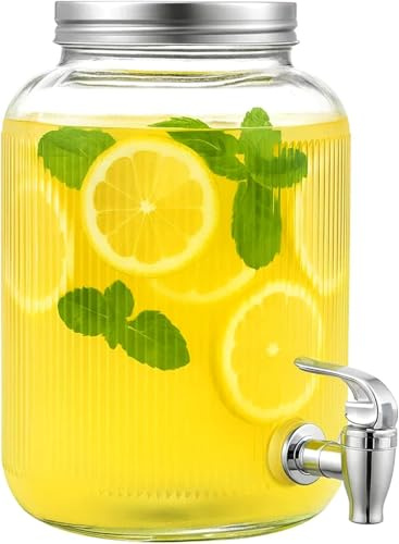 FERNVALE 4L Glass Iced Beverage Dispenser with Stainless Steel Tap & Ice Core — Leak-Proof Clear Drink Dispenser Jar for Parties, Weddings, Garden, Bar — Ideal for Lemonade, Iced Tea