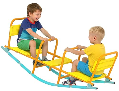 Qaba Teeter Totter Seesaw for Kids, 2 in 1 Metal Rocking Seesaw for Toddlers Age 3-8, 2 Seater Playground Equipment with Easy-Grip Handles for Backyard Indoor Outdoor, Yellow