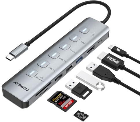 JESWO USB C Hub for MacBook, 7 in 1 USB C to HDMI Adapter with LED Switches | 100W PD, 4K@60Hz HDMI, USB 3.0, TF/SD Card Reader, Multiport Docking Station for MacBook Air/Pro, Mac and iPad