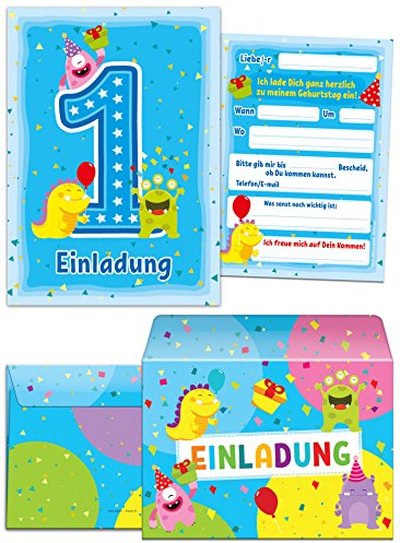 12 Einladungskarten zum 1. Kindergeburtstag für Mädchen und Jungen lustige Monster incl. 12 Umschläge blau / Einladung erste Geburtstag / bunte Geburtstagseinladungen (12 Karten + 12 Umschläge)