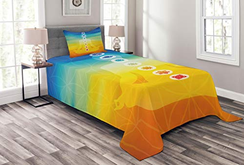 ABAKUHAUS Chakra Tagesdecke Set, Körper-Silhouette in Lotus, Set mit Kissenbezug farbfester Digitaldruck, für Einzelbetten 170 x 220 cm, Mehrfarbig