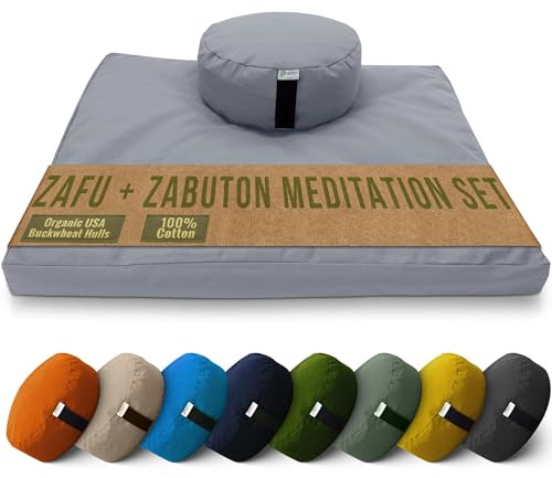 Meditation Cushion Mat Set - ROUND Zafu Floor Pillow Organic Buckwheat Pillow + Cotton Filled Zabuton Prayer Pad - Meditation Pillow Yoga Knee Pad - Made in USA - 14 Round, STONE GRAY Cotton