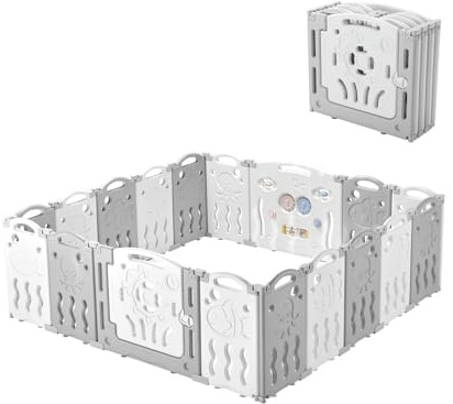 Albott Baby Fence Kid Playpen 18 Panel Albott Play Yard - Foldable Kids Safety Activity Center Playard Safety Lock Gate,Adjustable Shape, Portable Design for Indoor and Outdoor (18 Panel, Grey+White)