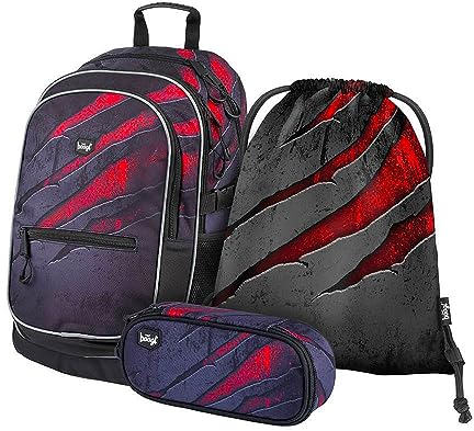 Baagl Schulrucksack Set 3 Teilig, Schultasche für Grundschule Volksschule, Grundschule Ranzen mit Brustgurt, Ergonomischer Schulranzen (Volcano 3)