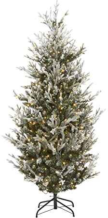 Celebright 7ft / 2.1m Snowy Nordic Spruce Artificial Christmas Tree - Multi-Function Pre-Lit with 350 Warm White LED Lights - Realistic Frosted Effect with 2487 PE & Natural PVC Tips