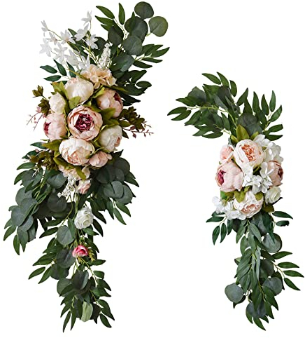 SJDWDX 2 Stück künstliche Pfingstrosen Blumen Girlande, dekorative Girlande mit Pfingstrosen und grünen Blättern, handgefertigte Pfingstrosenblume, Lintel für Hochzeitsbogen Haustür Wanddekoration
