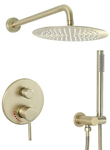 Systèmes de Douche doré brossé, Colonne Douche Encastrable Laiton, 25cm Round Pommeau de douche avec Douchette à Mains, 2 Fonctions Ensemble Douche Murale, Mitigeur pour douche