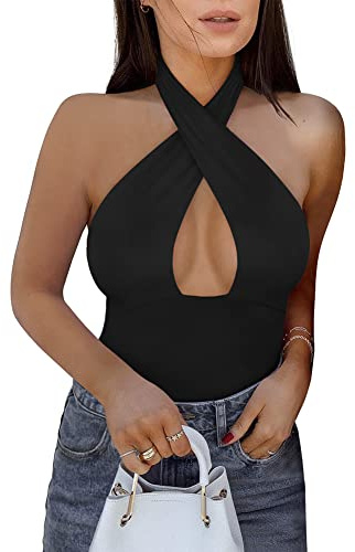 REORIA Women's Sexy Criss Cross Halter Sleeveless Bodysuits Black Small