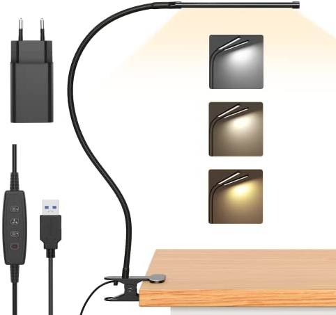 iZELL 77 LED Schreibtischlampe Dimmbar - 【3 Farbtemperaturen & 10 Helligkeitsstufen】 40cm Flexiblem Schwanenhals mit USB-Ladegerät, Klemmleuchte, Bürolampe, Arbeitslampe für Home Office/Büro