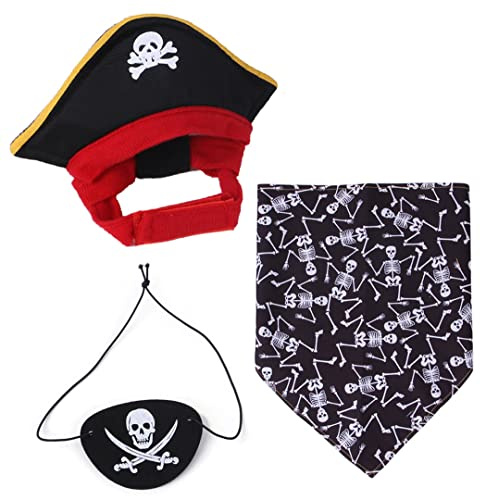 XIAOYU 3 Stück Halloween Hund Piraten Kostüm Set Haustier Piratenhut Piratenschädel Dreieck Bandana und Piraten Augenbinde für Hund Katze Halloween Cosplay, Schwarz