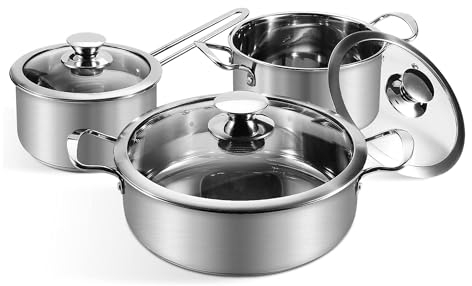 Wodillo Batterie de Cuisine en Acier Inoxydable à 3 Couches, 6 pièces, Casserole et Marmite avec Couvercle en Verre, Casseroles Adapté à la Tous Feux Dont Induction, Lavable au lave-vaisselle (Argent)