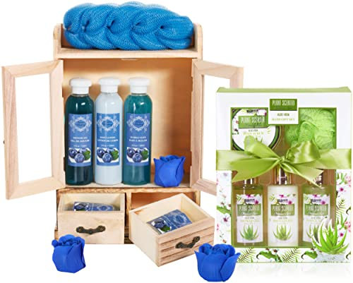 BRUBAKER Cosmetics 2 in 1 Pflegeset Blaubeere & Aloe Vera - Großes 15-teiliges Wellness Set - Damen Dusch- und Badeset - Frauen Beauty Geschenkset mit Deko Holzschrank