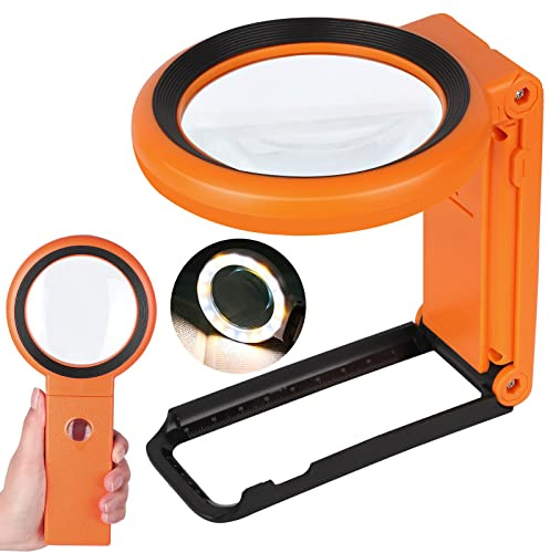 Magnifying Glass with Light and Stand, Foldable Handheld Magnifying Glass 18 LED Illuminated Lighted Magnifier for Macular Degeneration, Seniors Reading, Close Work, Coins, Jewelry Orange
